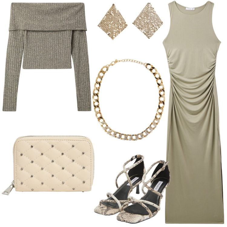Outfit donna - I\'m so glam con Terranova. Stile Glamour per Serata fuori. Abbinamento con sandali col tacco, collane, vestiti lunghi, maglieria, portafogli, orecchini.