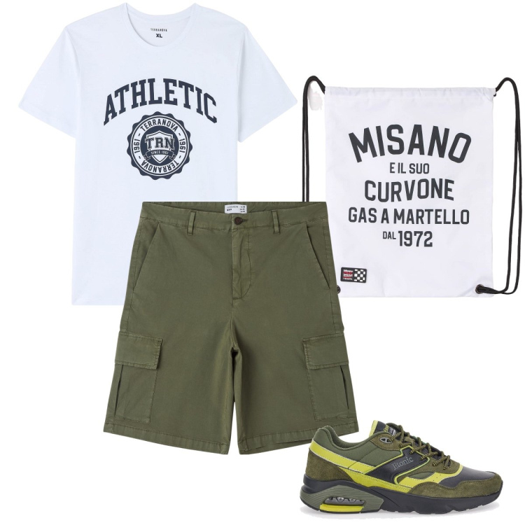 Outfit uomo - Gita con i figli. Stile Casual per Tutti i giorni. Abbinamento con borse sportive, t-shirt, bermuda, sneakers.