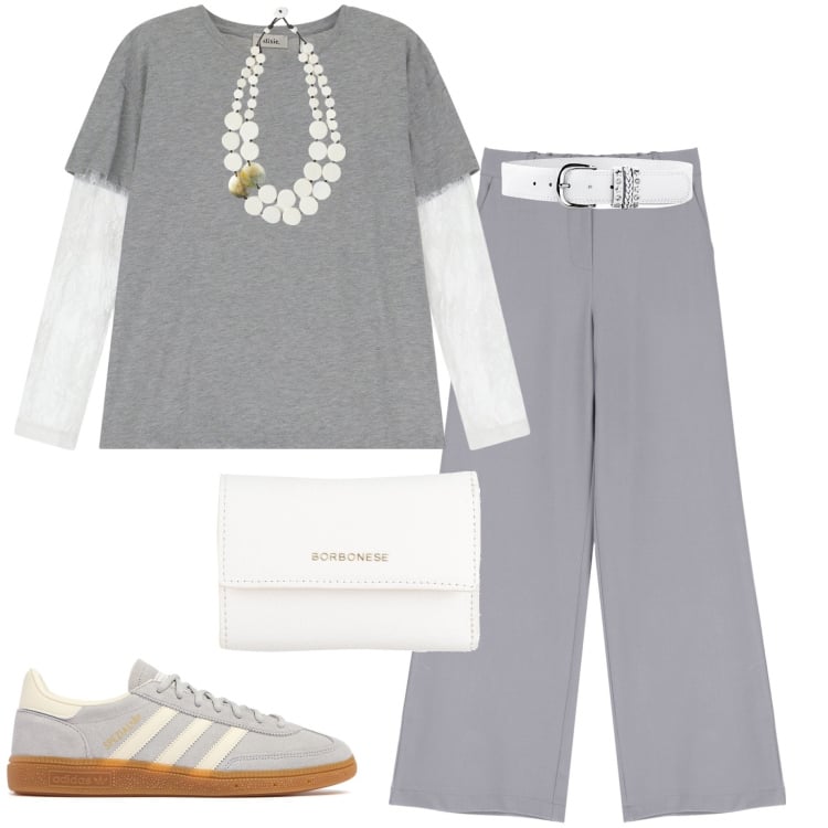Outfit donna - Sporty chic in ufficio. Stile Sporty chic per Ufficio. Abbinamento con cinture, portafogli, pantaloni a palazzo, t-shirt, sneakers, ciondoli.