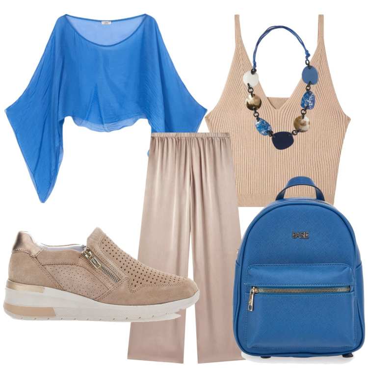 Outfit donna - Sofisticata minimal. Stile Minimal per Scuola/Università. Abbinamento con pantaloni, top, zaini, sneakers, bolero, collane.