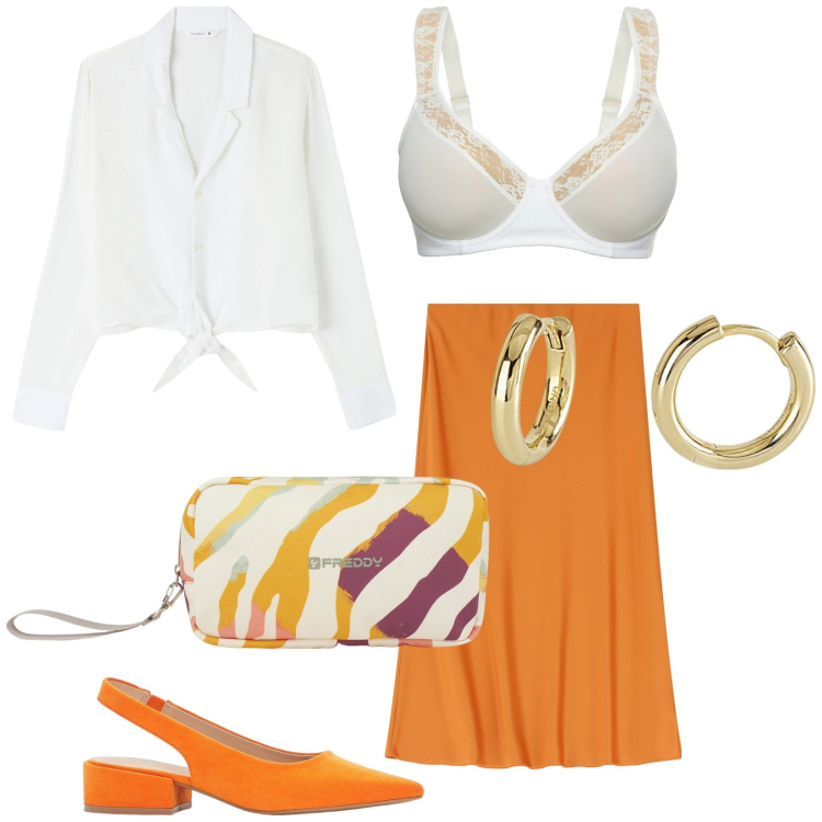 Outfit donna - Total look #2128321. Stile Chic per Serata fuori. Abbinamento con reggiseni, décolleté, camicie, orecchini, valigie, gonne longuette.