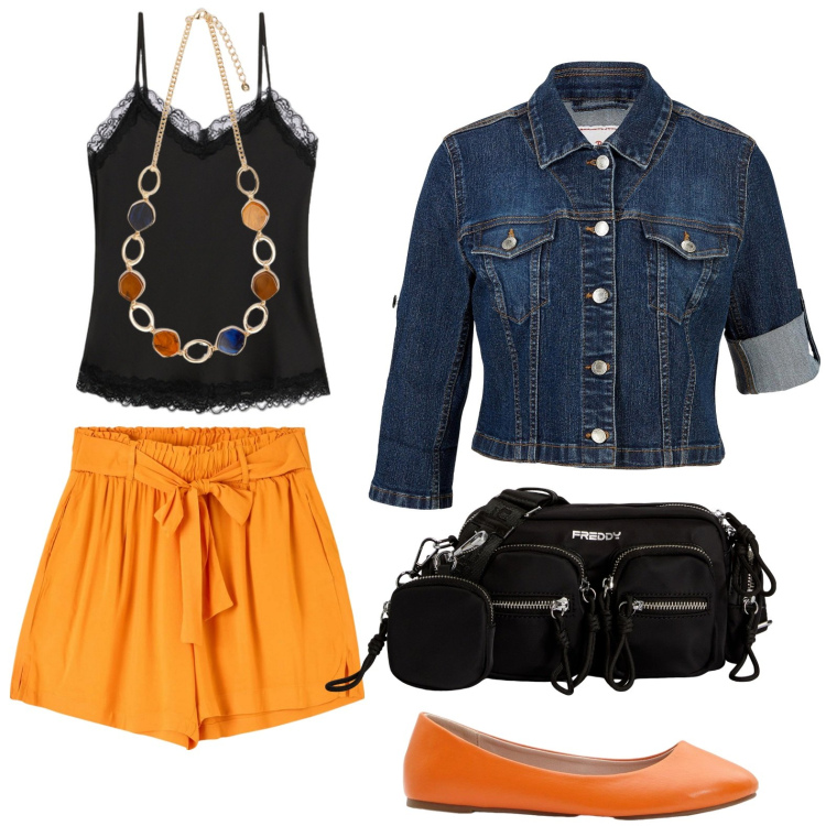 Outfit donna - Shorts arancia. Stile Basic per Tutti i giorni. Abbinamento con blazer, ballerine, shorts, borse a tracolla, collane, top.