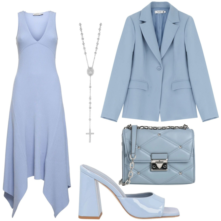 Outfit donna - Monocromatico. Stile Chic per Cerimonia. Abbinamento con borse a tracolla, sandali in pelle, collane, blazer, vestiti asimmetrici.