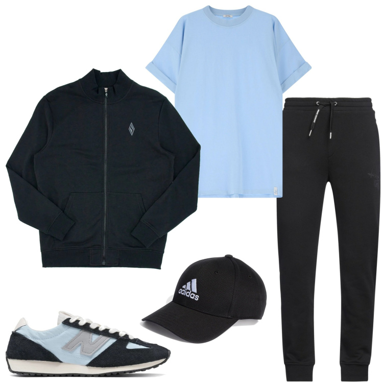 Outfit uomo - Tempo libero. Stile Casual per Sport. Abbinamento con pantaloni, sneakers, t-shirt, felpe, cappelli con visiera.