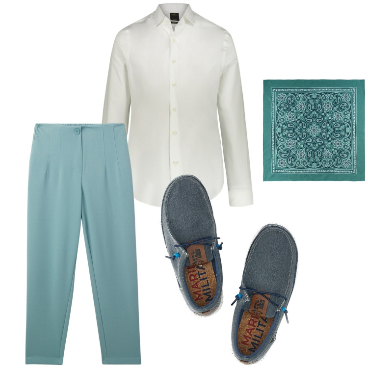 Outfit uomo - Total look #2128329. Stile Trendy per Serata speciale. Abbinamento con pantaloni chino, camicie, sciarpe e foulard, scarpe stringate.