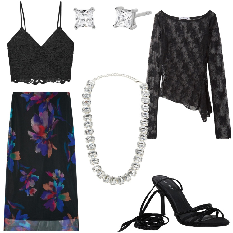 Outfit donna - I\'m so glam con Terranova. Stile Glamour per Serata fuori. Abbinamento con gonne lunghe, maglieria, top, sandali alla schiava, collane, orecchini.