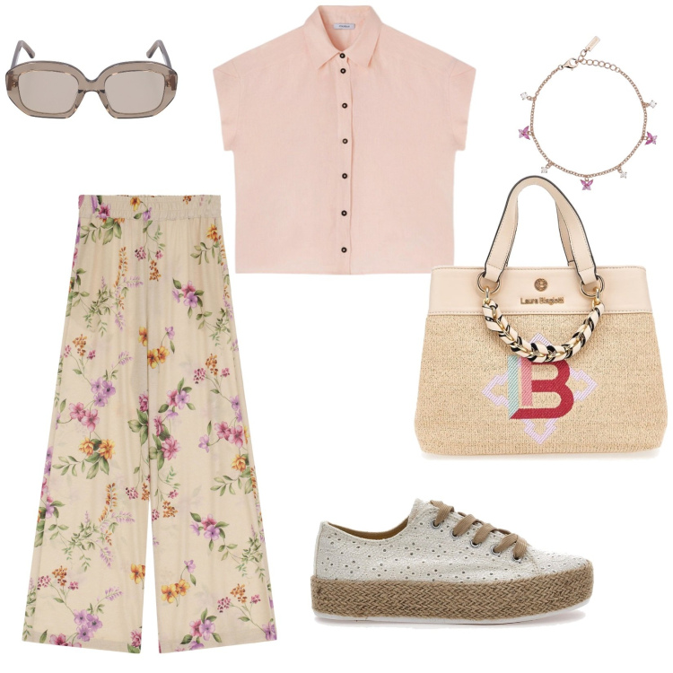Outfit donna - Sabato mattina. per Tutti i giorni. Abbinamento con braccialetti, pantaloni, espadrillas, borse a mano, occhiali da sole, camicie a manica corta.