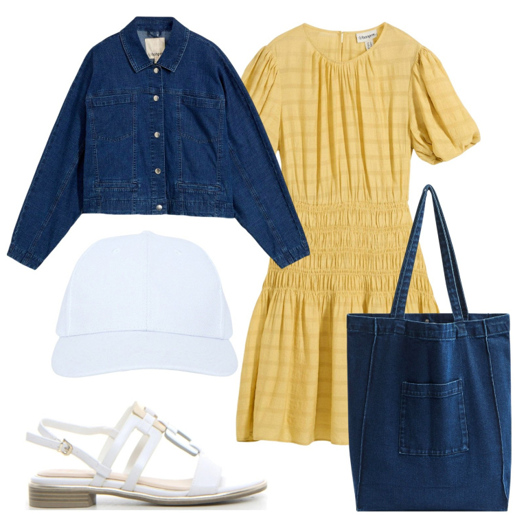 Outfit donna - Leggerezza e denim. Stile Basic per Tutti i giorni. Abbinamento con vestiti corti, blazer, cappelli con visiera, shopping bag, sandali.