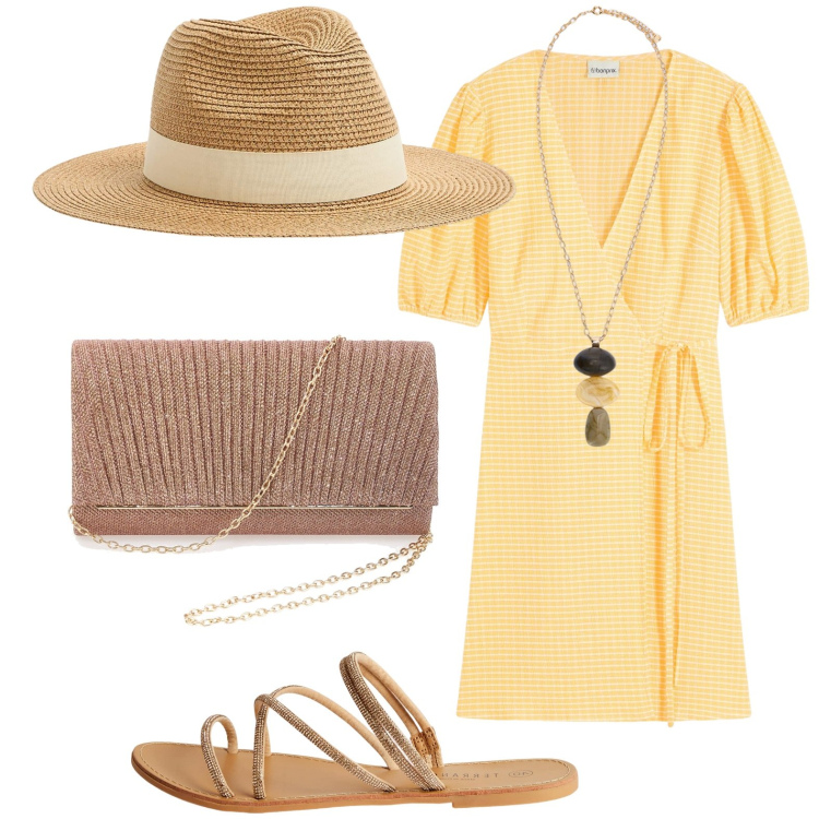 Outfit donna - Aspettando l\'estate. Stile Basic per Tutti i giorni. Abbinamento con vestiti, sandali, cappelli, collane, pochette.