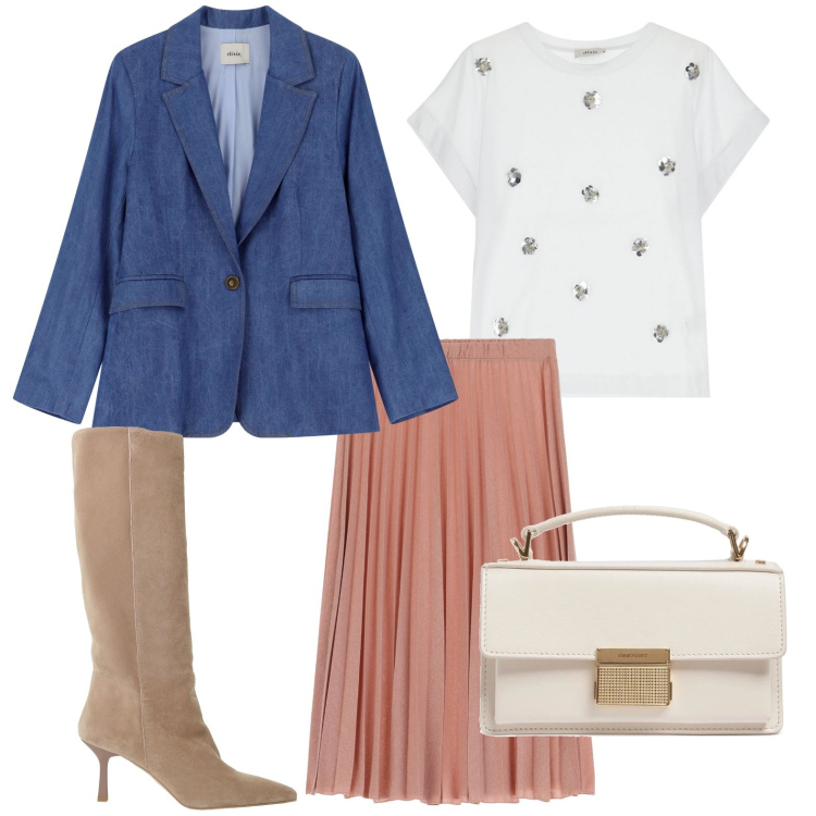 Outfit donna - La gonna plissettata. Stile Glamour per Serata fuori. Abbinamento con gonne, t-shirt, blazer, stivali, borse a mano.