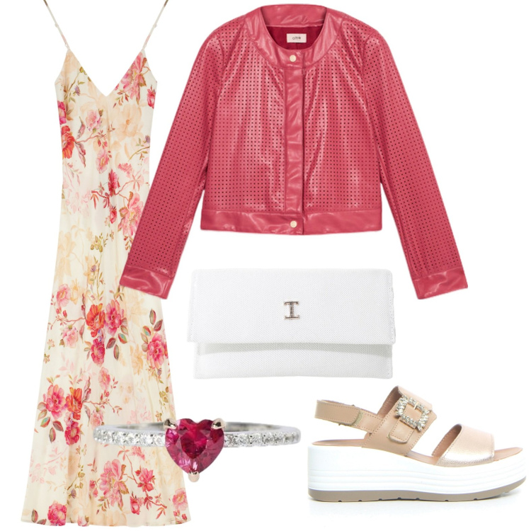 Outfit donna - Pranzo della festa della mamma. Stile Minimal per Serata fuori. Abbinamento con anelli, borse a tracolla, vestiti lunghi, sandali, giacche.