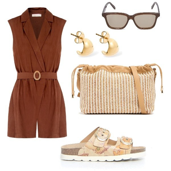 Outfit donna - la tuta corta. Stile Basic per Mare. Abbinamento con tuta corta, ciabatte, pochette, orecchini, occhiali da sole.