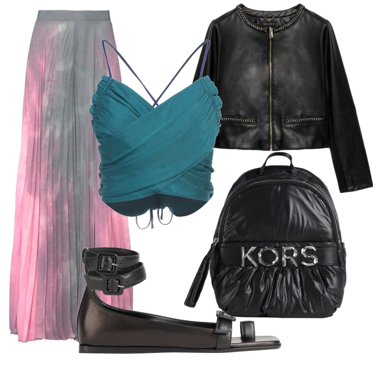 Outfit donna - Pantalone plissé. Stile Casual chic per Serata fuori. Abbinamento con pantaloni, zaini, top, ciabatte, blazer.