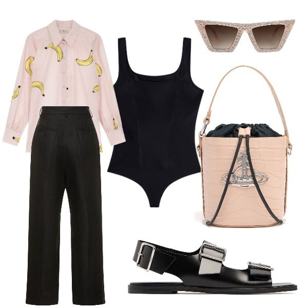 Outfit donna - il body nero. Stile Basic per Tutti i giorni. Abbinamento con occhiali da sole, body, camicie, pantaloni, borse a mano, sandali in pelle.