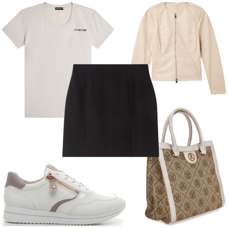 Outfit donna - Total look #2128388. Stile Trendy per Tutti i giorni. Abbinamento con blazer, minigonne, t-shirt, sneakers, borse a spalla.