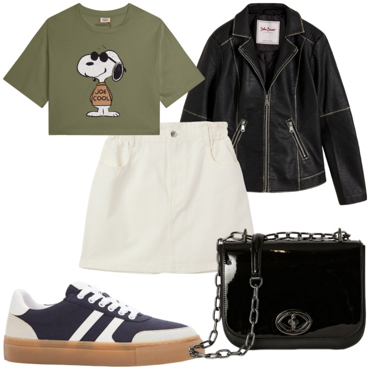 Outfit donna - Total look #2128389. Stile Trendy per Tutti i giorni. Abbinamento con blazer, sneakers, minigonne, t-shirt, borse a tracolla.