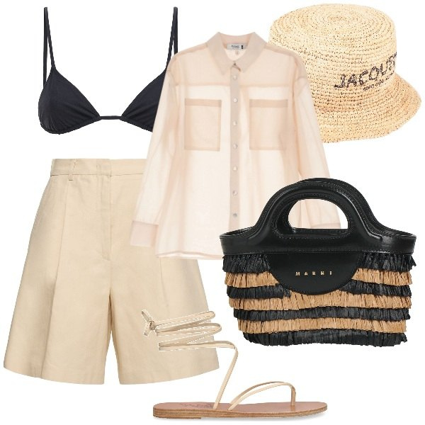 Outfit donna - in spiaggia. Stile Glamour per Mare. Abbinamento con cappelli, borse a mano, camicie, bikini, sandali in pelle, shorts.