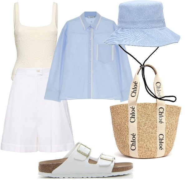 Outfit donna - nel sole. Stile Casual per Mare. Abbinamento con camicie, shopping bag, cappelli, shorts, costumi interi, ciabatte.
