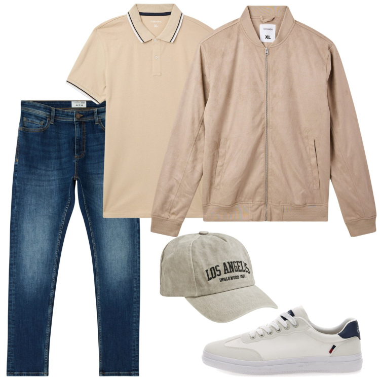 Outfit uomo - Il bomber leggero. Stile Casual per Tutti i giorni. Abbinamento con jeans skinny, bomber, cappelli, polo, sneakers.
