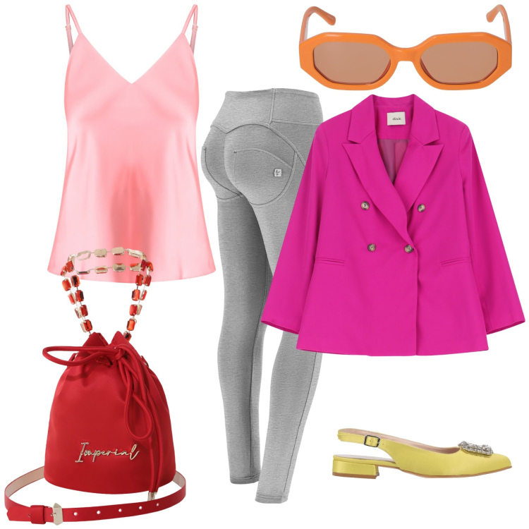 Outfit donna - Leggings grigi il resto coloratissimo. Stile Trendy per Tutti i giorni. Abbinamento con ballerine, borse a secchiello, blazer, top, pantaloni skinny, occhiali da sole.