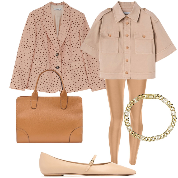 Outfit donna - Leggings da ufficio chic. Stile Trendy per Ufficio. Abbinamento con braccialetti, blazer, pantaloni skinny, camicie a manica corta, ballerine, borse tote.