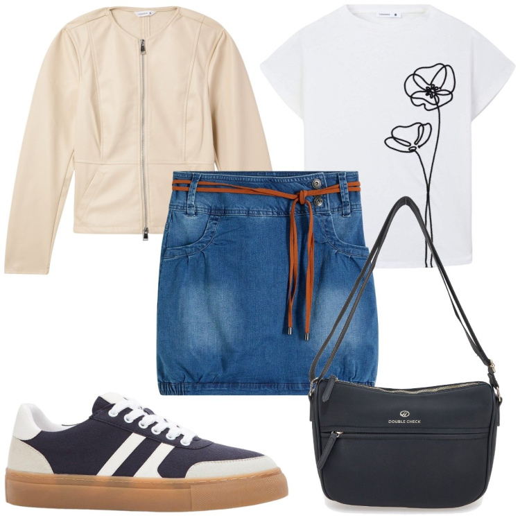 Outfit donna - Total look #2128402. Stile Trendy per Tutti i giorni. Abbinamento con minigonne, sneakers, blazer, t-shirt, borse a tracolla.