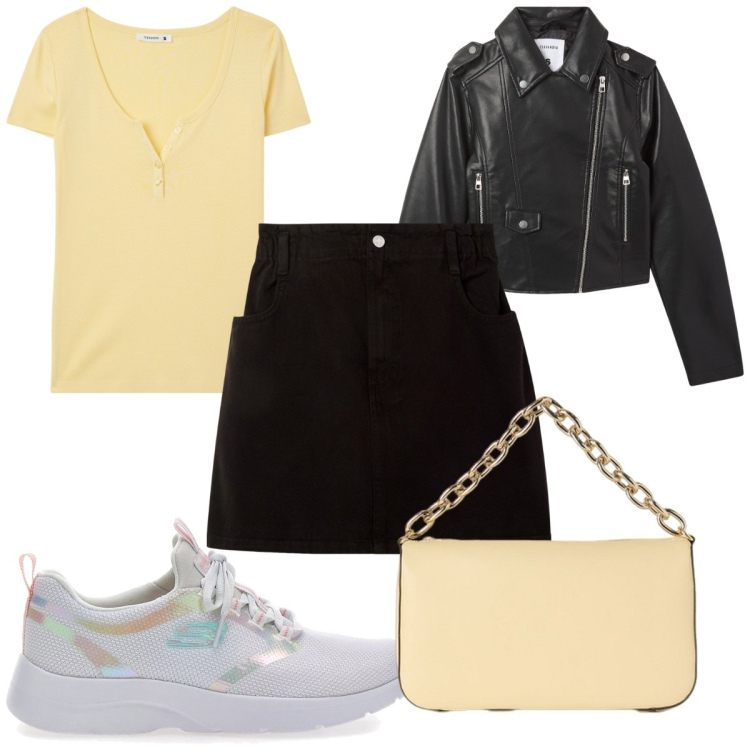 Outfit donna - Total look #2128405. Stile Trendy per Tutti i giorni. Abbinamento con t-shirt, giacche, minigonne, sneakers, borse a tracolla.