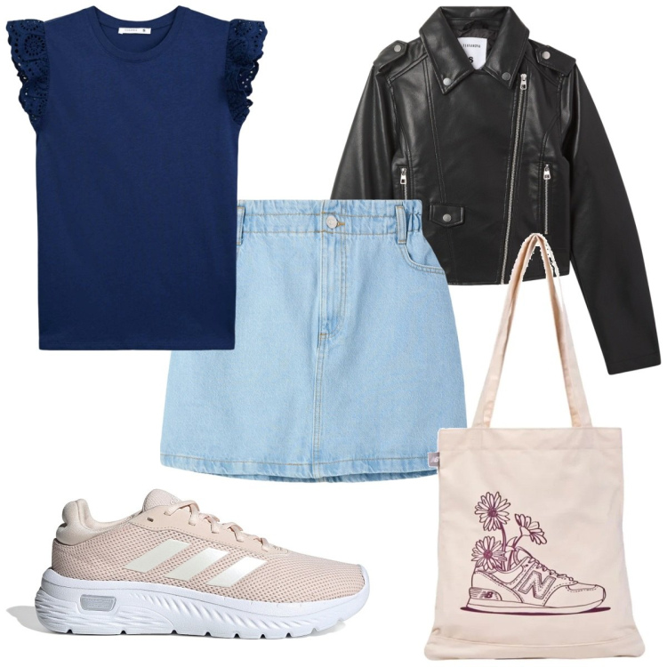 Outfit donna - Total look #2128406. Stile Trendy per Tutti i giorni. Abbinamento con minigonne, giacche, t-shirt, shopping bag, sneakers.