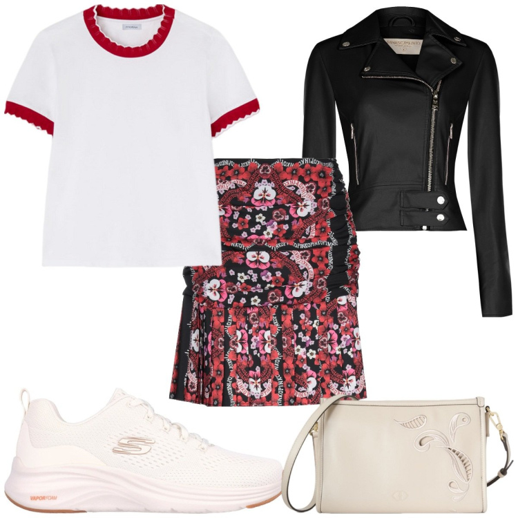 Outfit donna - Total look #2128408. Stile Trendy per Tutti i giorni. Abbinamento con minigonne, giacche, sneakers, borse a tracolla, t-shirt.