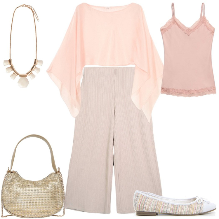 Outfit donna - Pantalone A palazzo. Stile Bon Ton per Cerimonia. Abbinamento con pantaloni a palazzo, borse a spalla, bolero, collane, top, ballerine.