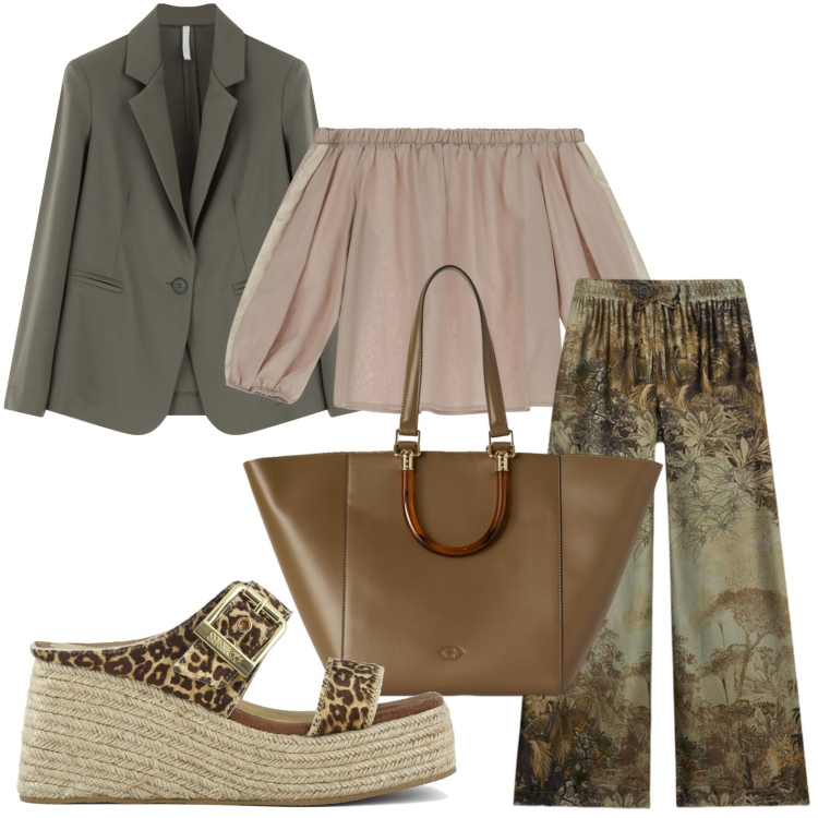 Outfit donna - Giungla cittadina - @pamela. Stile Etnico per Ufficio. Abbinamento con camicie, blazer, zeppe, shopping bag, pantaloni a palazzo.