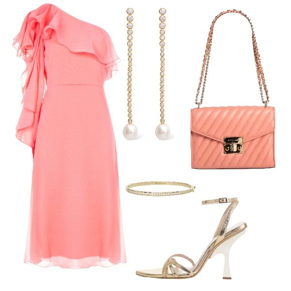 Outfit donna - festa d\'estate. Stile Chic per Cerimonia. Abbinamento con borse a spalla, vestiti asimmetrici, braccialetti, sandali col tacco, orecchini.