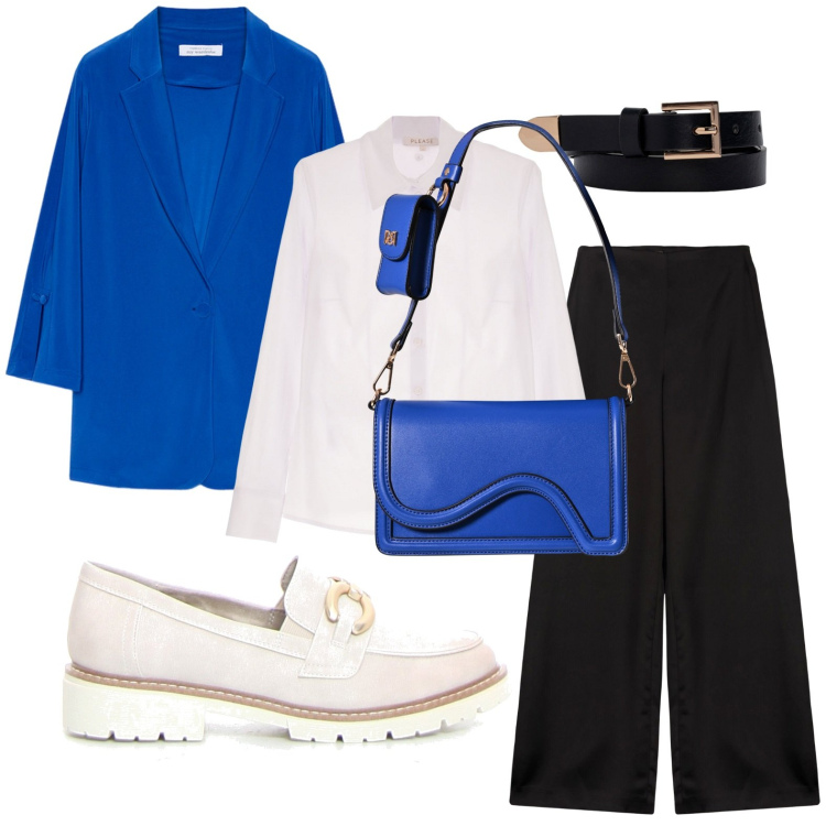 Outfit donna - Mannish a maggio. Stile Mannish per Ufficio. Abbinamento con pochette, camicie, mocassini, blazer, cinture, pantaloni a palazzo.