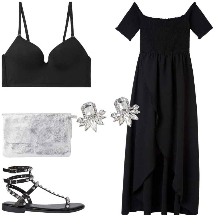 Outfit donna - Incontro in riva al mare. Stile Casual chic per Serata fuori. Abbinamento con vestiti lunghi, reggiseni push-up, sandali, orecchini, borse a tracolla.