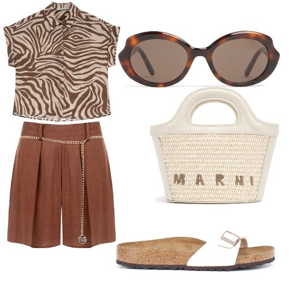 Outfit donna - animalier. Stile Basic per Mare. Abbinamento con shorts, camicie a manica corta, borse a mano, occhiali da sole, ciabatte.