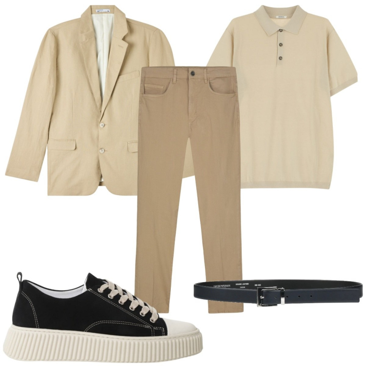Outfit uomo - Una giacca chiara. Stile Trendy per Ufficio. Abbinamento con cinture, giacche, sneakers, polo, pantaloni.