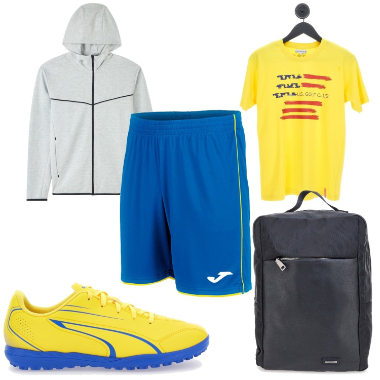 Outfit uomo - Colori vitaminici: un tocco di giallo. Stile Trendy per Sport. Abbinamento con felpe con cappuccio, t-shirt, scarpe sportive, pantaloni corti, borse sportive.