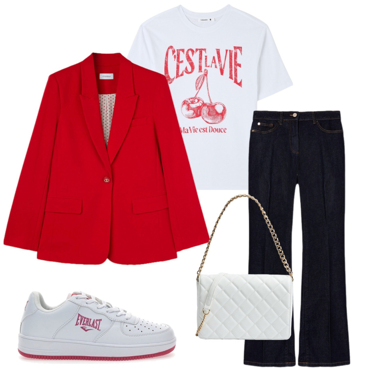 Outfit donna - C\'est la vie. Stile Casual chic per Serata fuori. Abbinamento con t-shirt, borse a tracolla, sneakers, blazer, jeans.