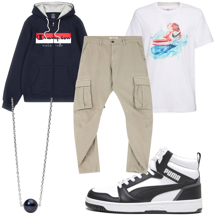 Outfit uomo - T -shirt grafica d\'autore: urban. Stile Urban per Tutti i giorni. Abbinamento con collane, pantaloni cargo, felpe con cappuccio, sneakers alte, t-shirt.