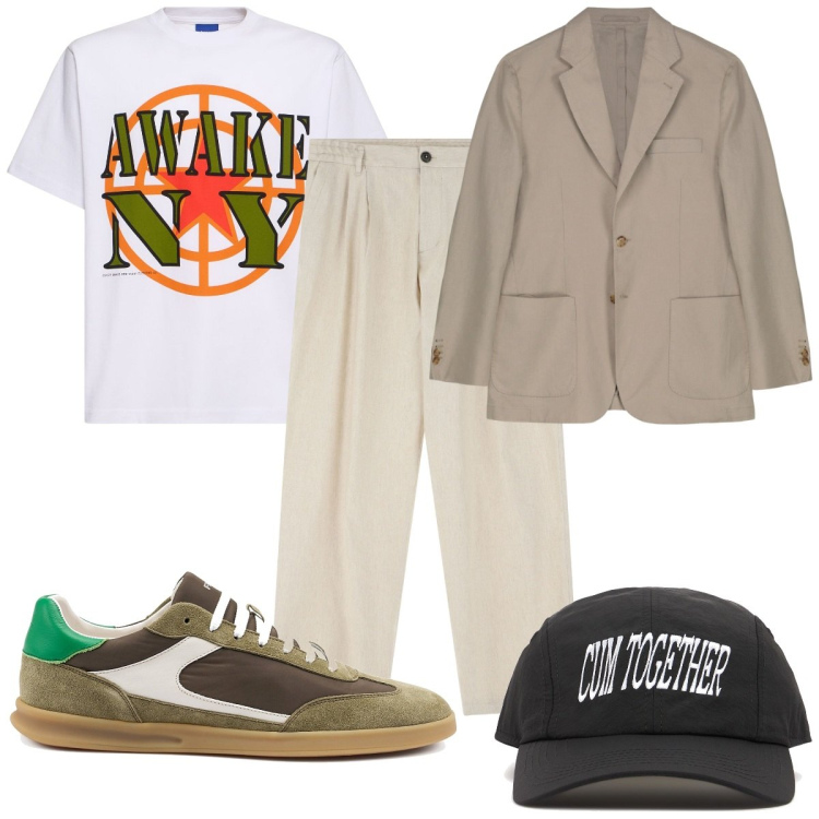 Outfit uomo - T -shirt grafica d\'autore: trendy. Stile Trendy per Tutti i giorni. Abbinamento con pantaloni, giacche, t-shirt, cappelli, sneakers.