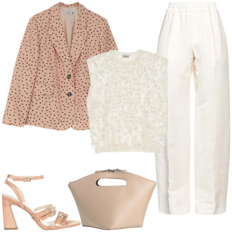 Outfit donna - Raffinata. Stile Casual chic per Tutti i giorni. Abbinamento con borse a mano, pantaloni, sandali col tacco, blazer, top.