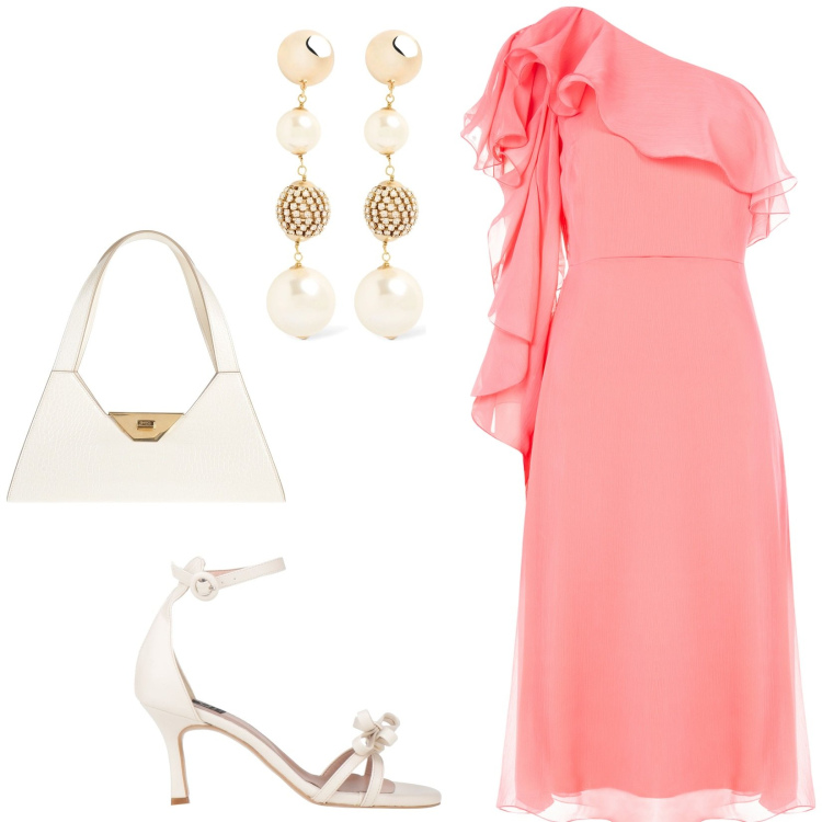 Outfit donna - Evento glamour. Stile Glamour per Cerimonia. Abbinamento con sandali col tacco, borse a mano, vestiti asimmetrici, orecchini.