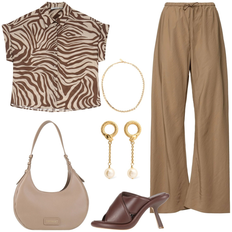 Outfit donna - Ricercata. Stile Glamour per Tutti i giorni. Abbinamento con sandali in pelle, borse a spalla, collane, camicie a manica corta, pantaloni, orecchini.