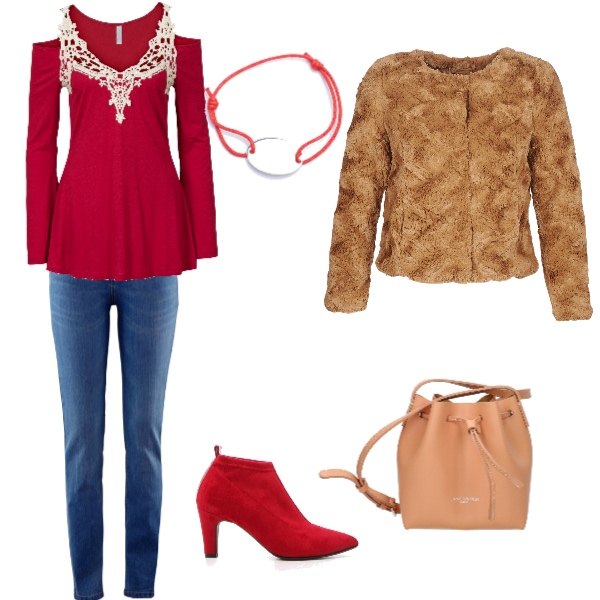 Outfit donna - Un jeans per le feste. Stile Basic per Tutti i giorni. Abbinamento con jeans skinny, maglia con pizzo e spalle scoperte rosso, borsa a tracolla con logo frontale rosa, giubbotto marrone, stivaletti made italy con tacco alto in velluto rosso, bracciale argento.