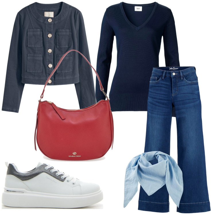 Outfit donna - Casual. Stile Casual per Tutti i giorni. Abbinamento con jeans a zampa, maglieria, blazer, foulard, sneakers, borse a tracolla.