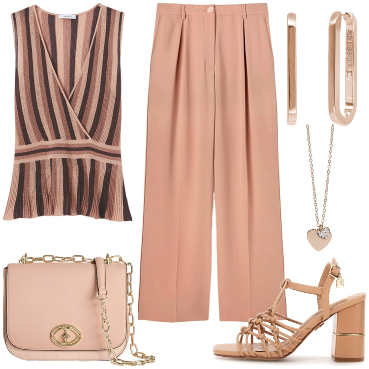 Outfit donna - Rosa antico chic. Stile Chic per Tutti i giorni. Abbinamento con orecchini, ciondoli, sandali col tacco, top, borse a tracolla, pantaloni a palazzo.