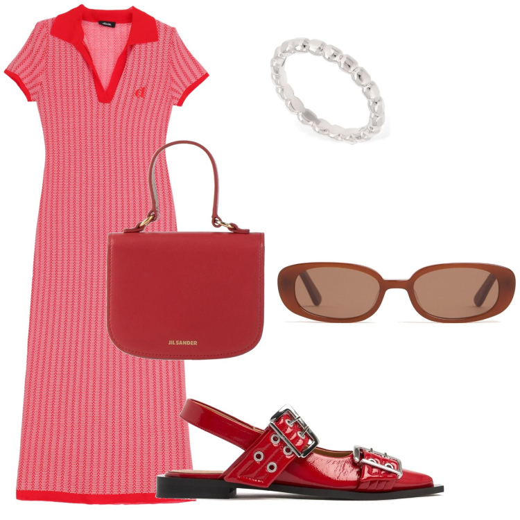 Outfit donna - San Valentino ️. Stile Chic per Serata fuori. Abbinamento con borse a mano, vestiti midi/longuette, anelli, occhiali da sole, ballerine.