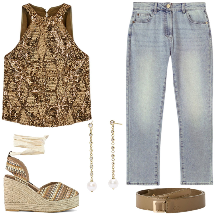 Outfit donna - Zeppa e jeans. Stile Glamour per Serata fuori. Abbinamento con orecchini, zeppe, jeans, top, cinture.