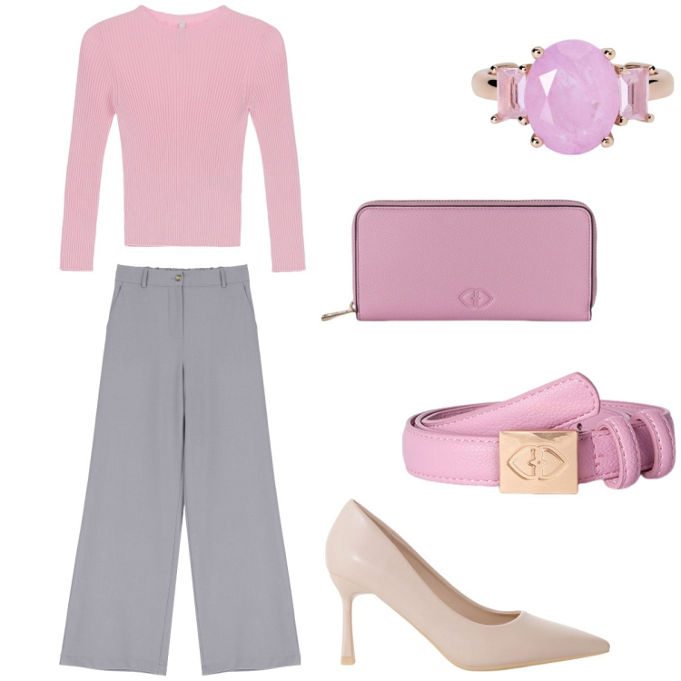 Outfit donna - Pink&purple. Stile Chic per Ufficio. Abbinamento con anelli, maglieria, décolleté, pantaloni a palazzo, cinture, portafogli.