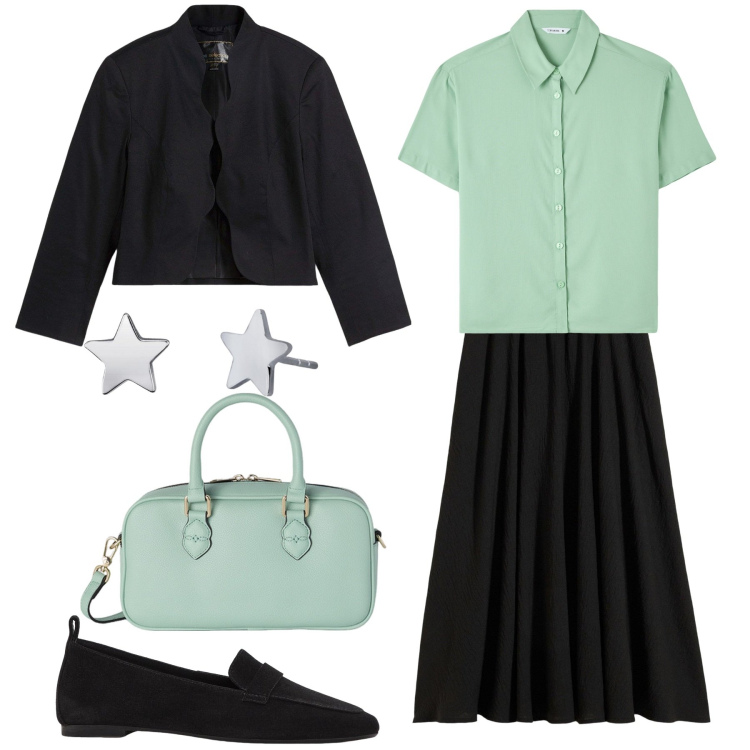 Outfit donna - Bauletto verde acqua. Stile Trendy per Tutti i giorni. Abbinamento con gonne longuette, blazer, mocassini, camicie a manica corta, orecchini, borse a mano.